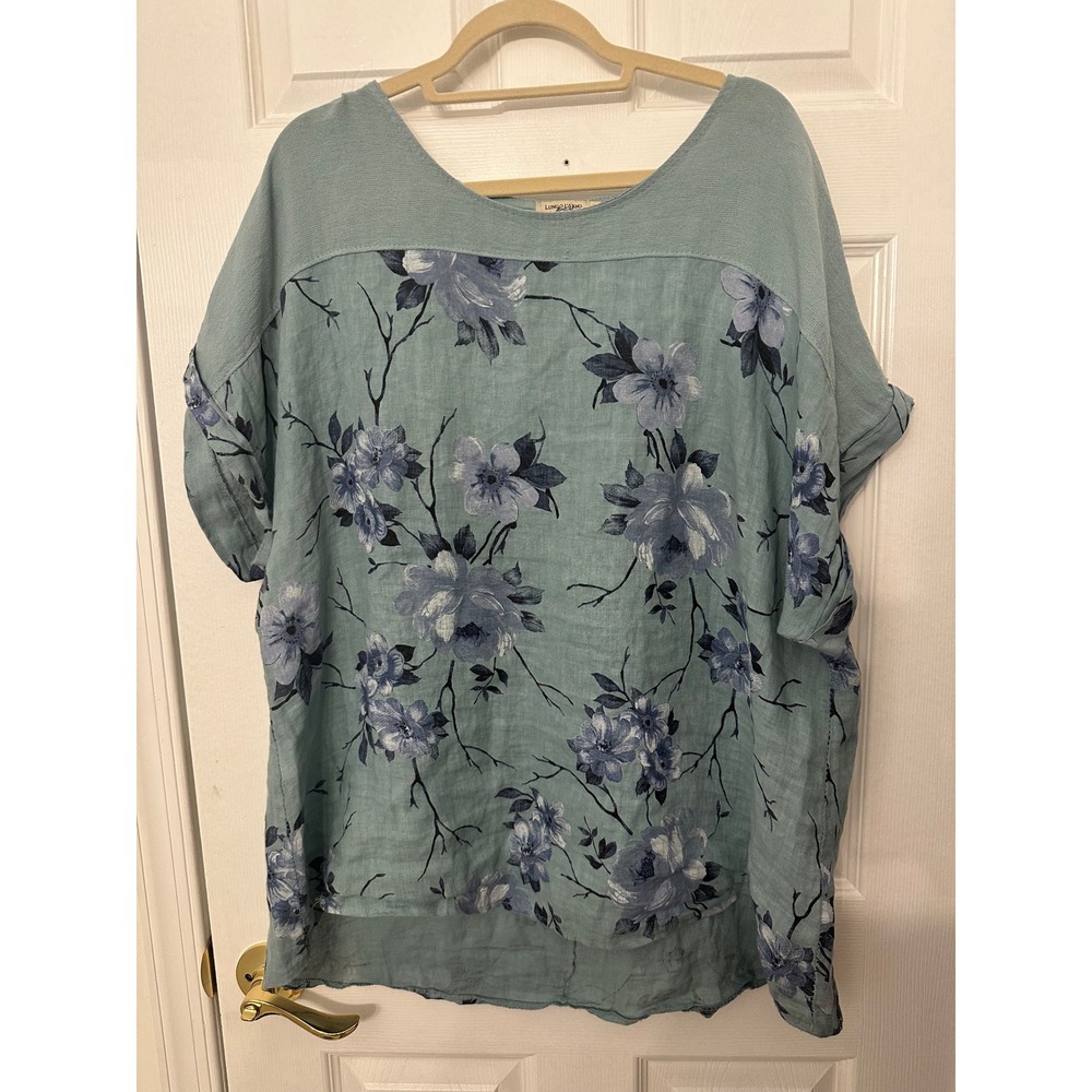 Lungo L Arno Italy Floral Linen Cotton Top Blue Green Oversized 2X ART 2911P